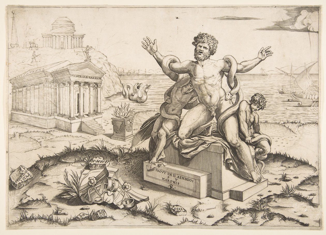 Laocoön和他的两个儿子在大草原上遭到蛇的袭击，这座大殿是密苏里州米... 1515-27。 作者 马可·登特