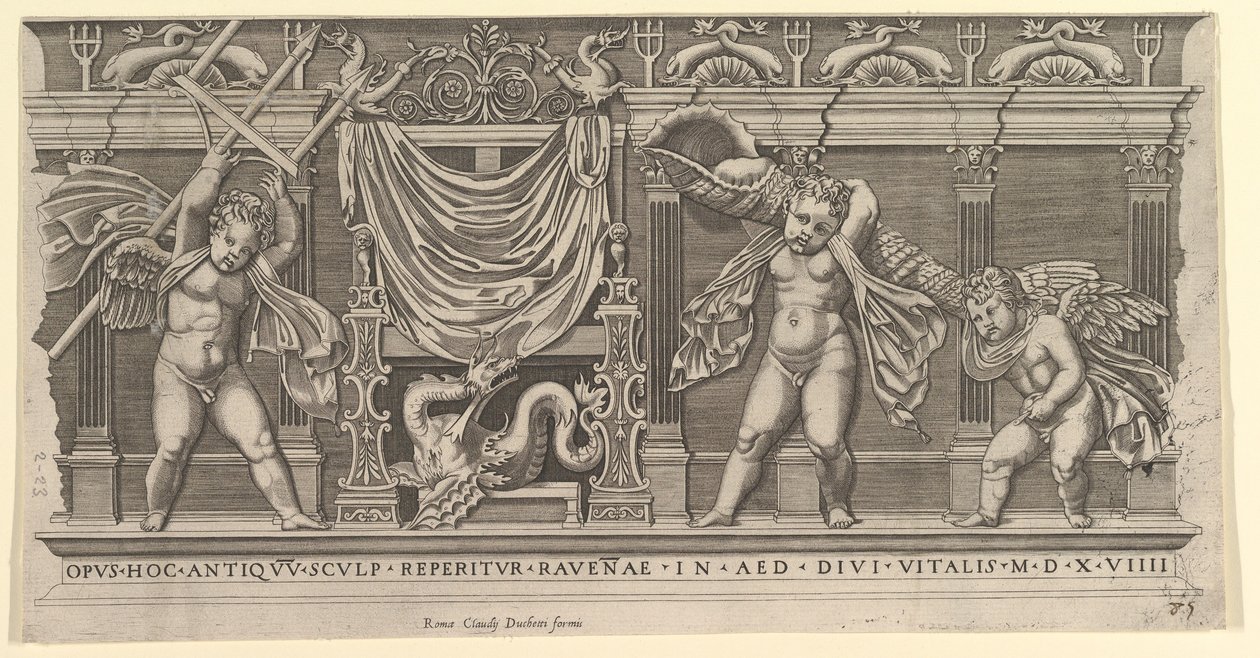 Speculum Romanae Magnificentiae:带有三个丘比特的浮雕，1519年。 作者 马可·登特