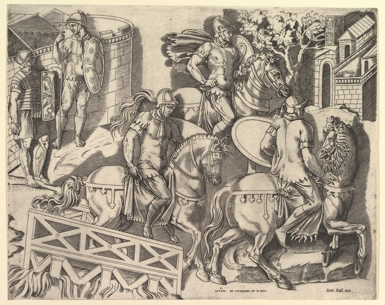 Speculum Romanae Magnificentiae:罗马骑兵过桥，来自特拉扬的C...，16世纪。 作者 马可·登特
