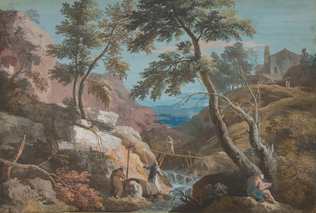 有隐士的山区风景，约1700-1730年。 作者 马可·里奇