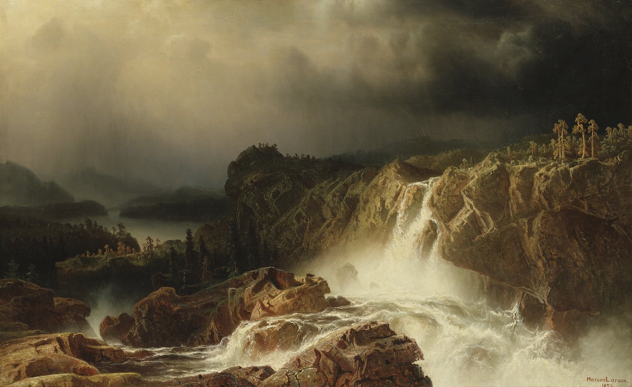 与瀑布的岩石风景在Smaland，1859年 作者 马库斯·拉森（Marcus Larson）
