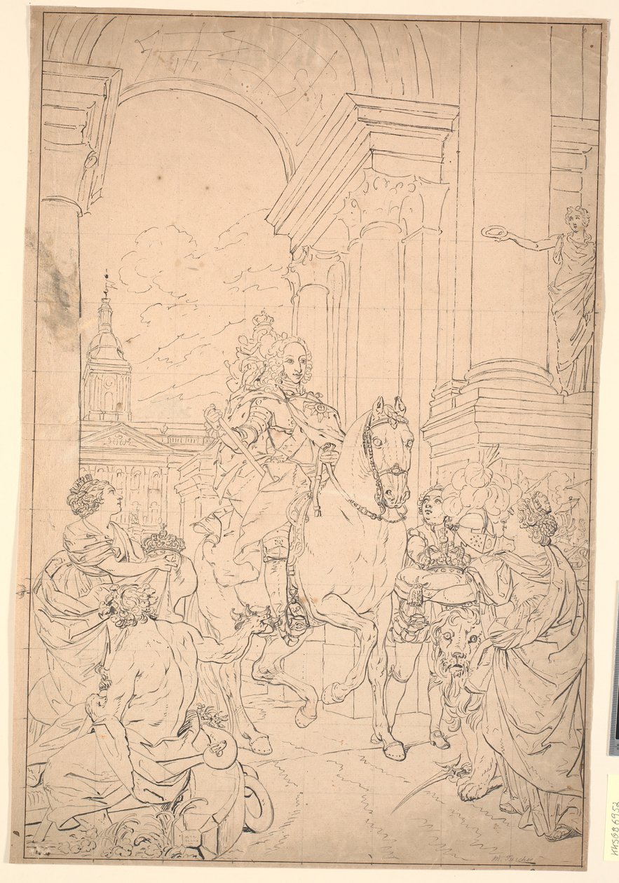 画稿：丹麦和挪威向克里斯六世致敬（1794 年与克里斯蒂安堡一同烧毁） 作者 马库斯·图舍尔