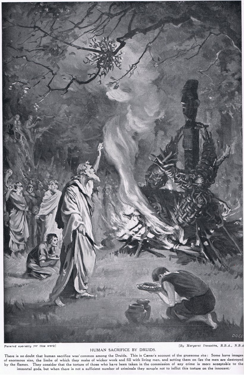 德鲁伊人的人祭，插图选自 "哈钦森的民族史"，约 1910 年（平版）。 作者 玛格丽特（后）多瓦斯顿