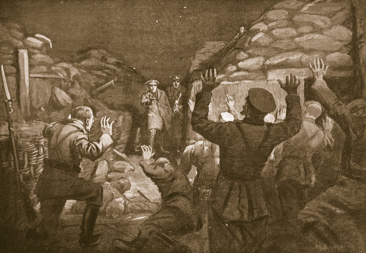 一名德国军官和他的 14 名部下向利奇中尉哭诉求饶（石版画） 作者 玛格丽特·多瓦斯顿