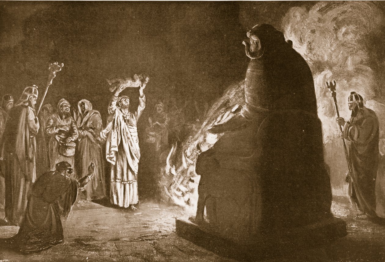 腓尼基人向摩洛神献祭，《哈钦森民族史》插图，约 1910-15 年（石印版） 作者 玛格丽特·多瓦斯顿