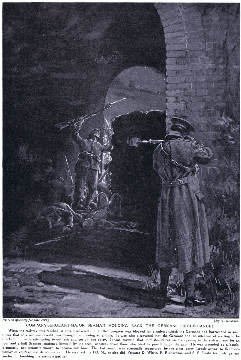 1915 年 2 月，连队军士长 Seaman 少校因单枪匹马顶住德军进攻而荣获 DCM 勋章（石版）。 作者 玛格丽特·多瓦斯顿