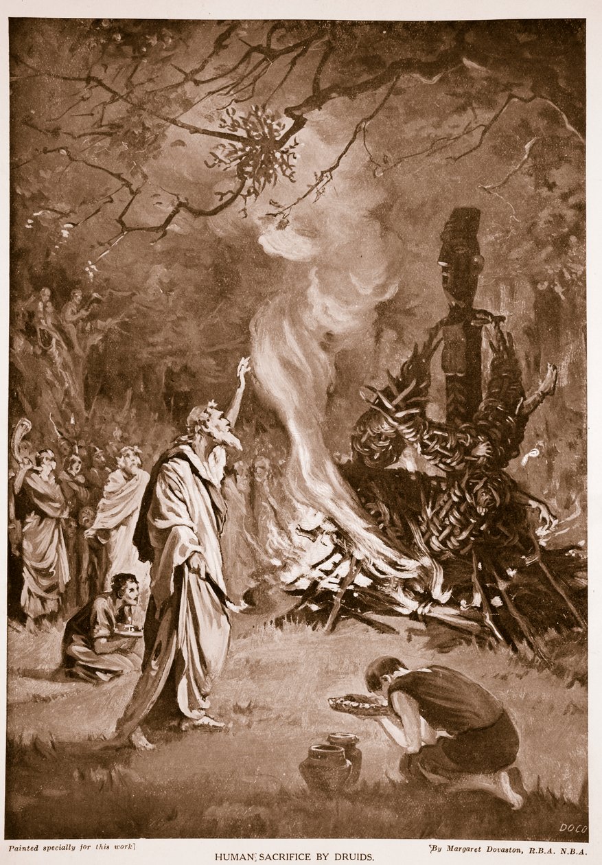 德鲁伊人的人祭，插图选自《哈奇森的不列颠民族故事》，约 1920 年（平版）。 作者 玛格丽特·多瓦斯顿