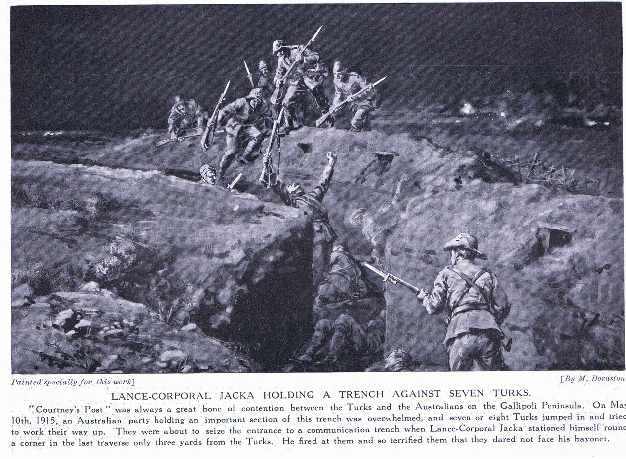 杰克下士（Lance Corporal Jacka）展示了一个人如何打败七个人，从而赢得了一枚越战勋章 1915 年 5 月（石版）。 作者 玛格丽特·多瓦斯顿