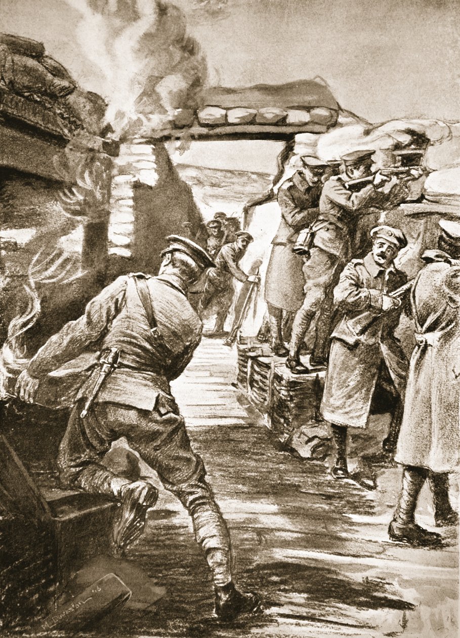 二等兵卡尔夫从因炮弹爆炸而着火的炸弹仓库中取出一箱弹药（石版画） 作者 玛格丽特·多瓦斯顿
