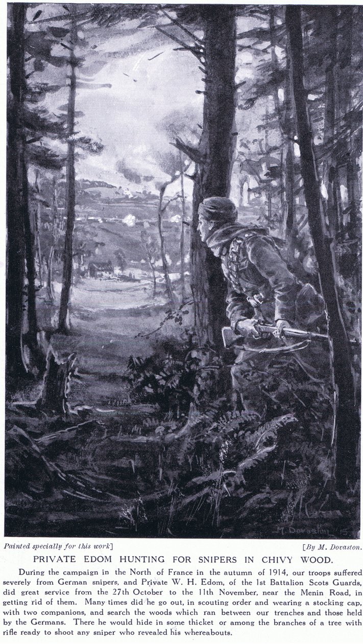 1914 年秋，二等兵伊东在奇维森林寻找狙击手（石版画） 作者 玛格丽特·多瓦斯顿
