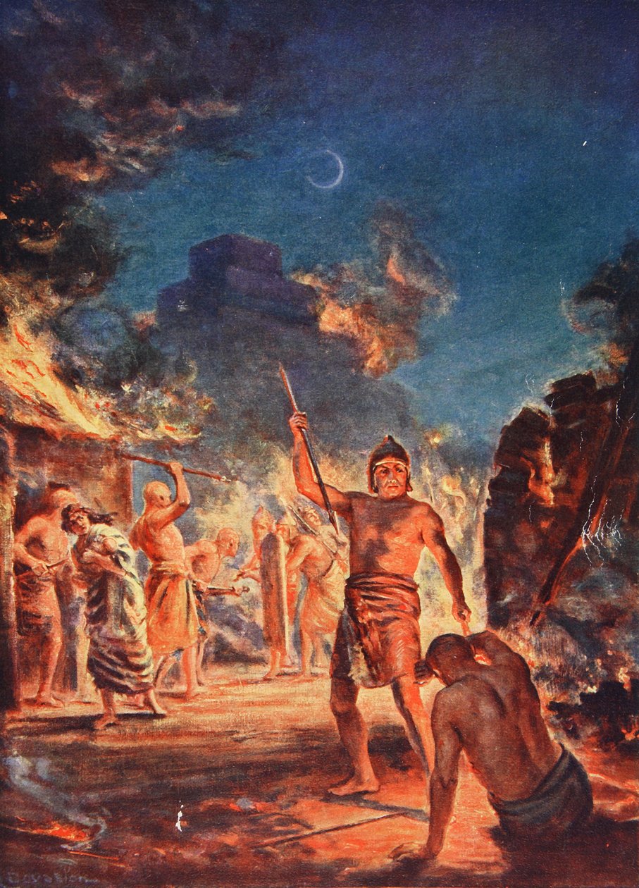 焚烧拉加什》，插图，摘自哈钦森的《民族史》，约 1910 年（彩色石版印刷）。 作者 玛格丽特·多瓦斯顿