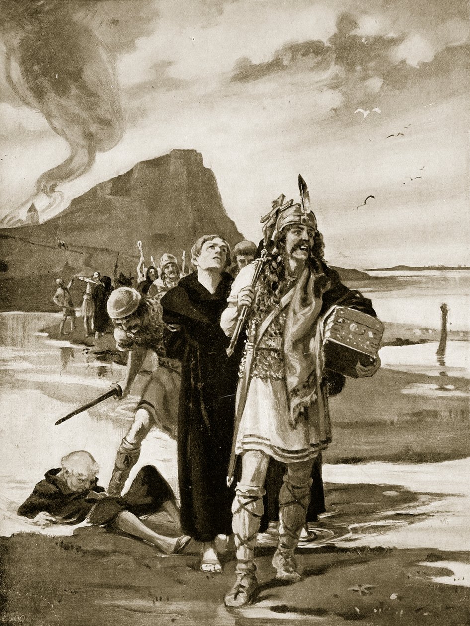 林迪斯芳的掠夺》，插图选自《哈钦森的英国国家故事》，约 1920 年（平版） 作者 玛格丽特·多瓦斯顿