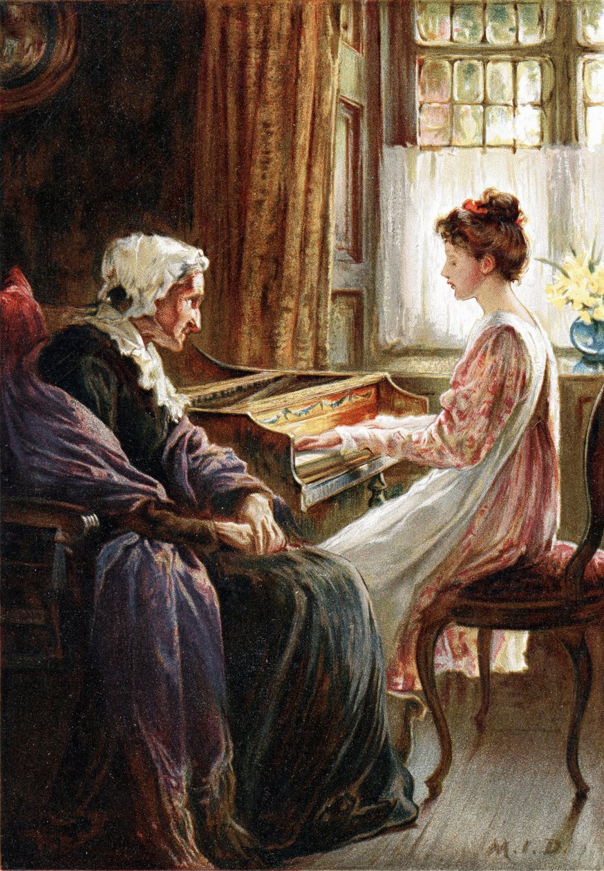 他们的晚祷根据英国艺术家玛格丽特-伊莎贝尔-迪克西（Margaret Isabel Dicksee，1858-1903 年）的画作绘制的铬版画，1892 年出版。年轻女孩为年迈的祖母演奏键盘音乐（大键琴？ 作者 玛格丽特·伊莎贝尔·迪克塞