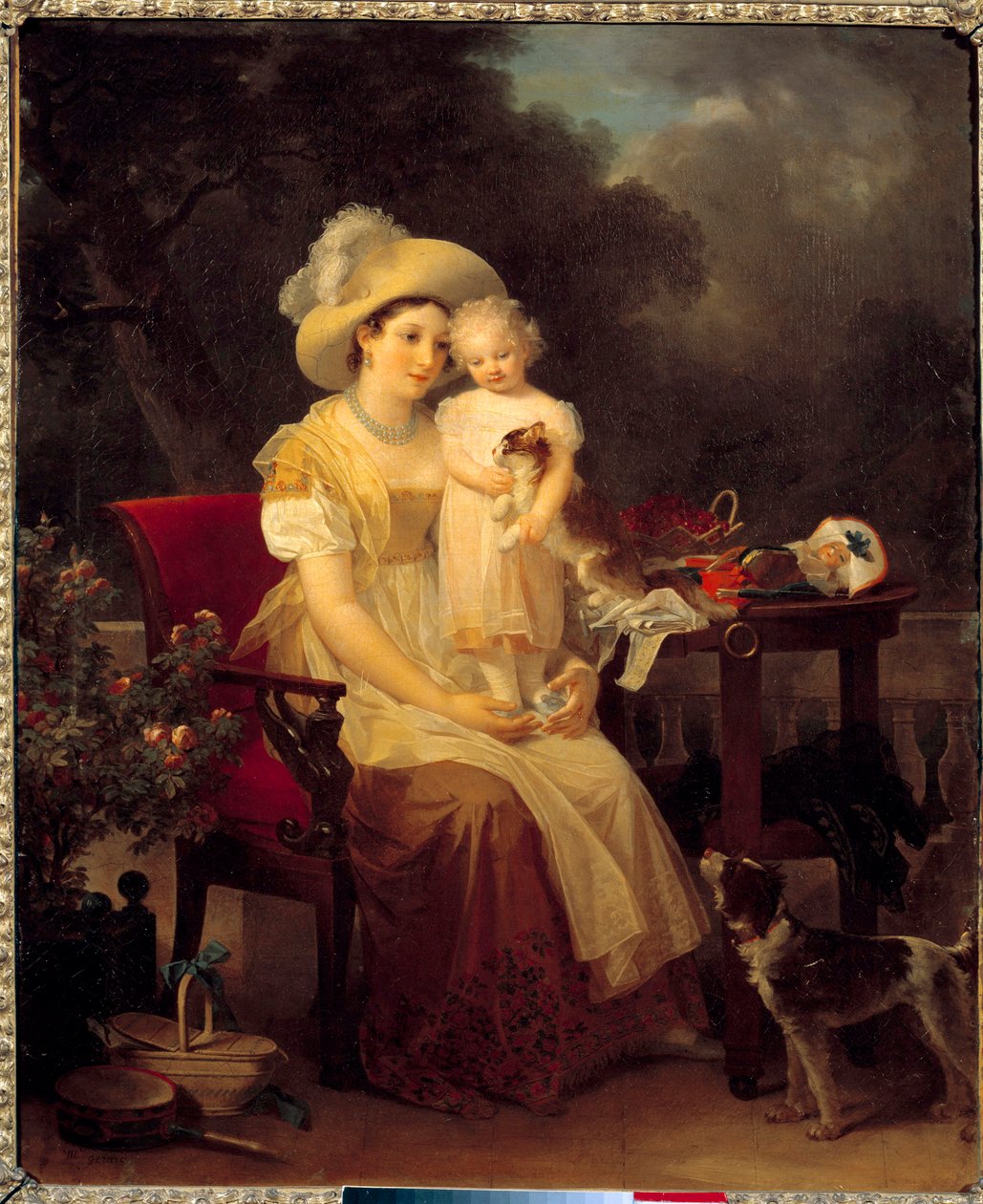 女人抱着一个女孩坐在膝盖上 画家：玛格丽特-杰拉德(1761-1837) 1799年，太阳。0,64x0,53米。第戎，美术博物馆。 作者 玛格丽特·杰拉德