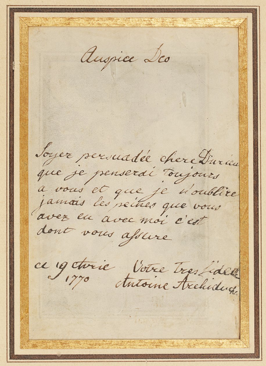 1770年4月19日写给瑟雷斯（Thérèse）或芭比·杜里厄（Barbe Durieux）的亲笔签名信 作者 哈布斯堡大学洛林的玛丽亚·安东尼娅·约瑟夫·约翰娜