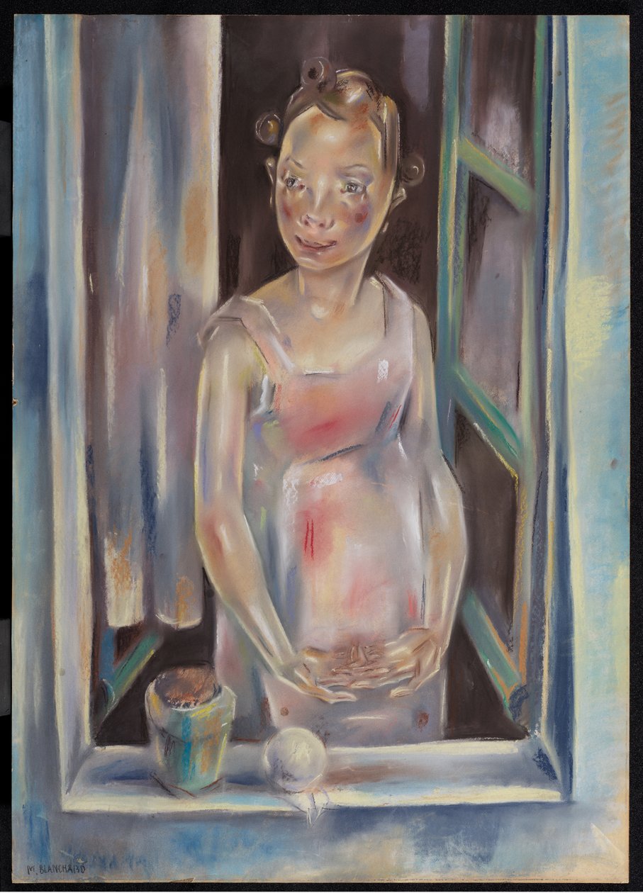 开着窗的少女，约 1924 年（纸上粉彩画） 作者 玛丽亚·布兰查德（Maria Blanchard）