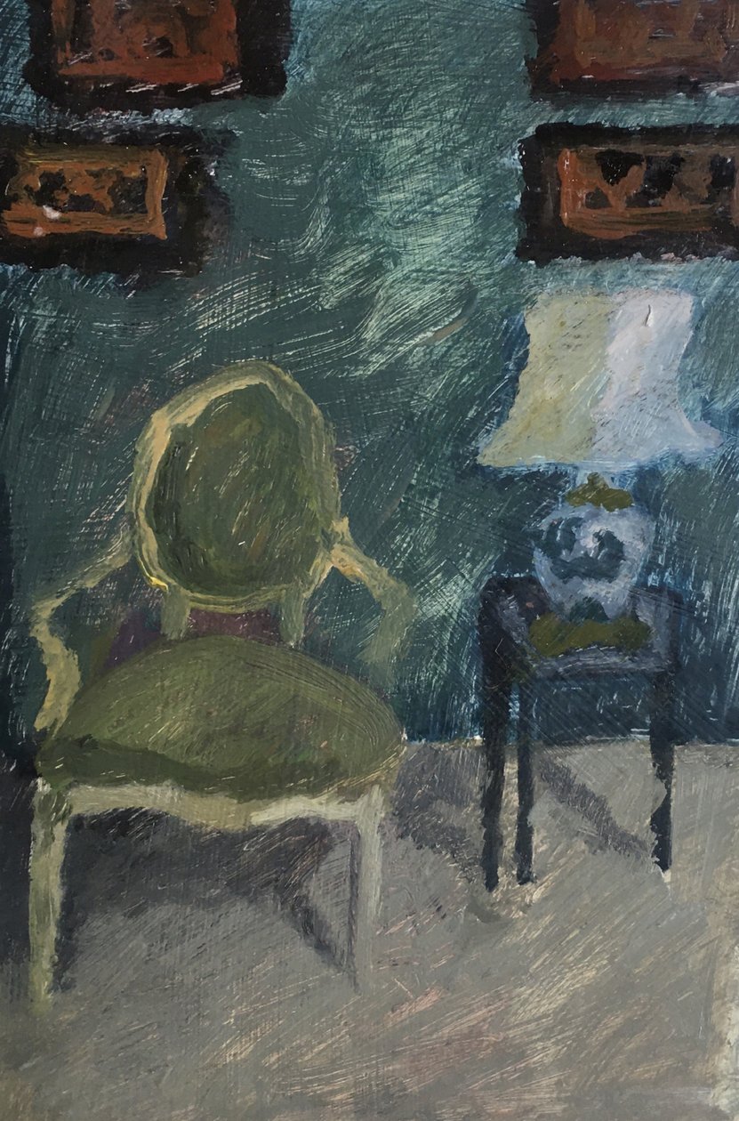 室内与扶手椅和灯，2019（纸上油画） 作者 