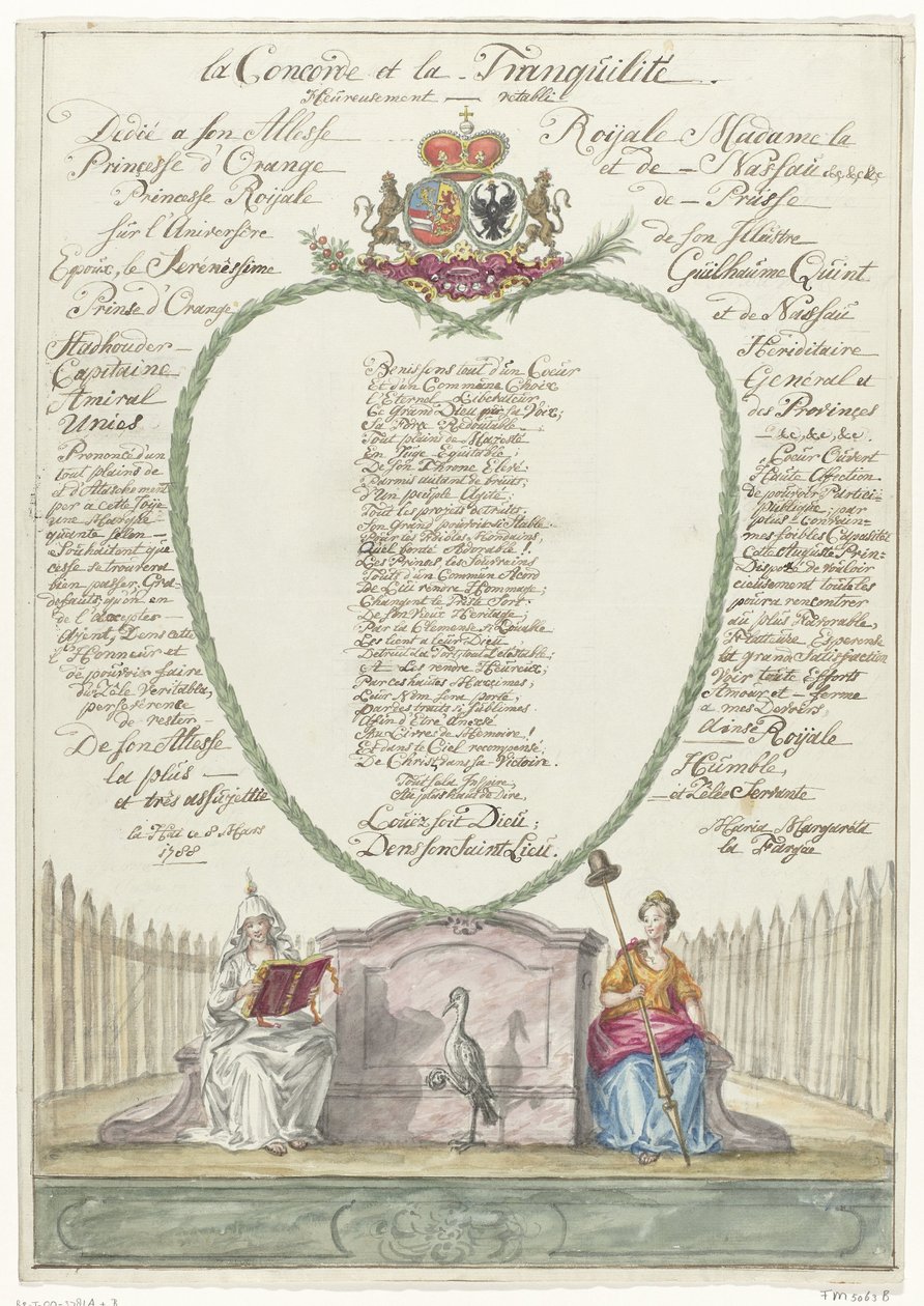 1788 年威廉五世亲王四十岁生日时为威廉明娜公主所作的诗句
la Concorde et la Tranquilité（标题见实物） 作者 玛丽亚玛格丽莎拉法格