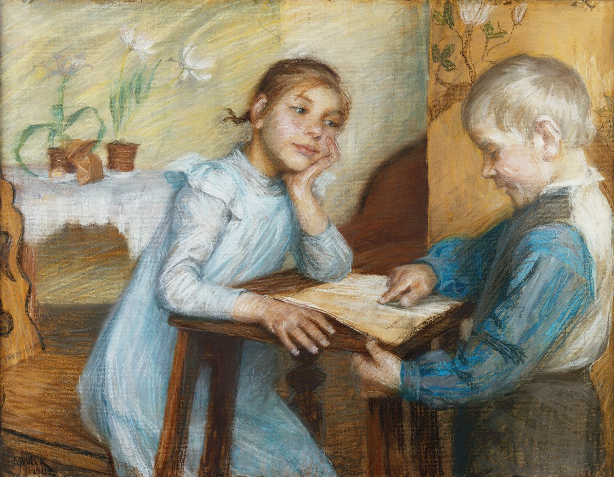 1912年，一个男孩和女孩读书的内饰 作者 玛丽亚·维克（Maria Wiik）