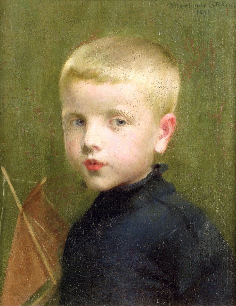 一个男孩的画象有一艘模型帆船的，1893年 作者 玛丽安斯托克斯