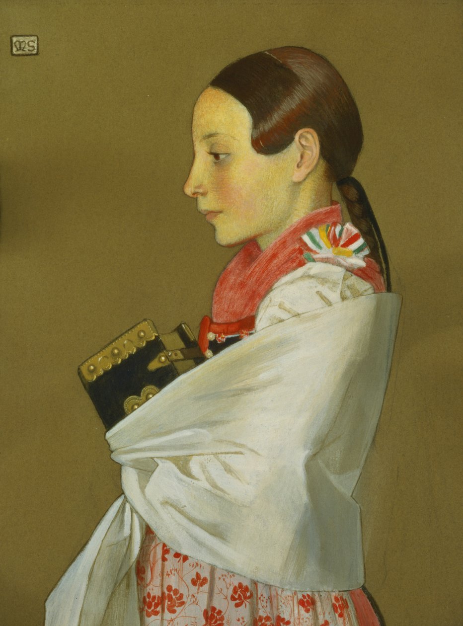 Menguszfalva去教堂的年轻女孩，c.1905-07（纸上的木炭和水粉） 作者 玛丽安斯托克斯