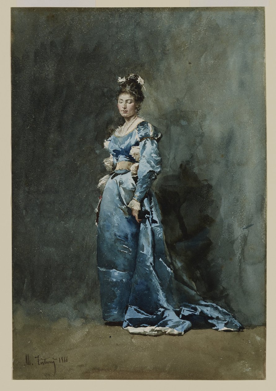 穿着蓝色衣服的年轻女子，1866年（纸上的白色水粉） 作者 马里亚诺·何塞·玛丽亚·贝尔纳多·福图尼