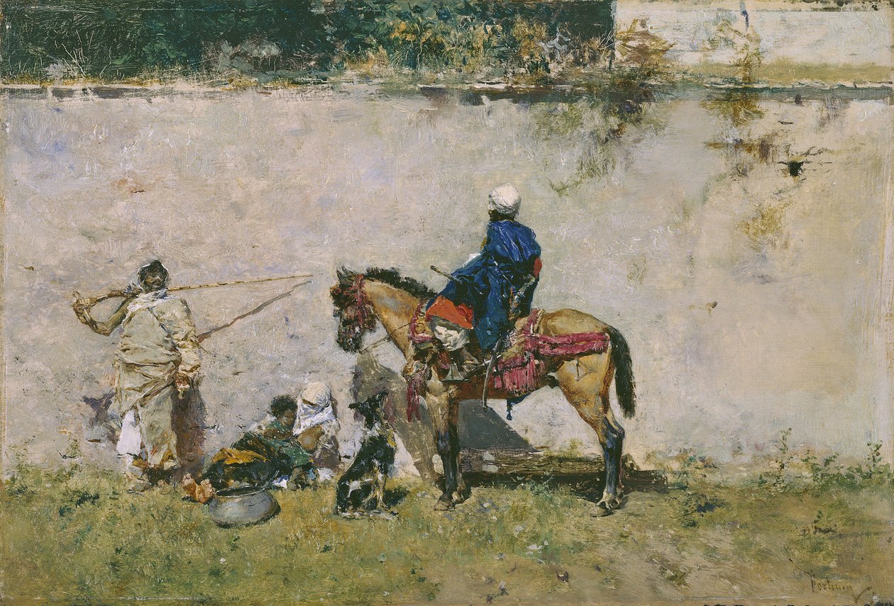 东方主义：水边的摩洛哥家庭（摩洛哥人）--马里亚诺-福图尼（1838-1874 年）的绘画作品 作者 马里亚诺·福图尼