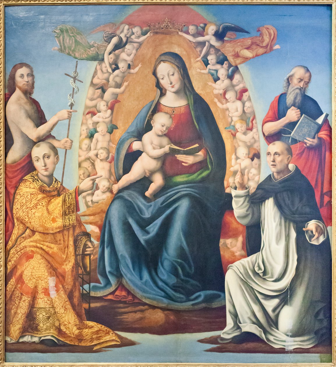 麦当娜与孩子和圣徒（面板油画） 作者 Mariano di (c.1470 c.1530) 奥斯特里奥爵士