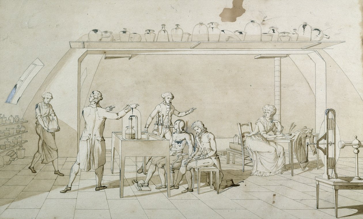 Antoine Lavoisier（1743-94）和他的呼吸实验（笔墨和棕褐色纸上洗） 作者 玛丽·安妮·皮埃尔特·拉瓦锡
