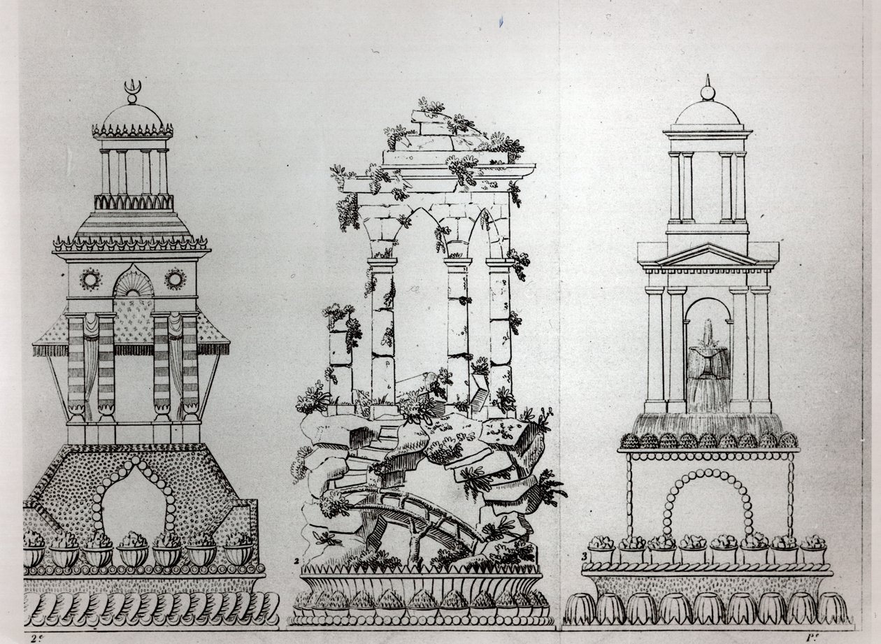 来自Careme的“Le Patissier Royal parisien”的糕点装饰设计，板块28，莱比锡和巴黎，1854年出版 作者 玛丽·安托万·卡雷姆