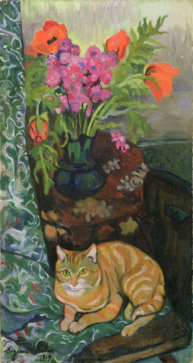 花束和猫，1919年 作者 玛丽·克莱门汀（苏珊娜）瓦拉登