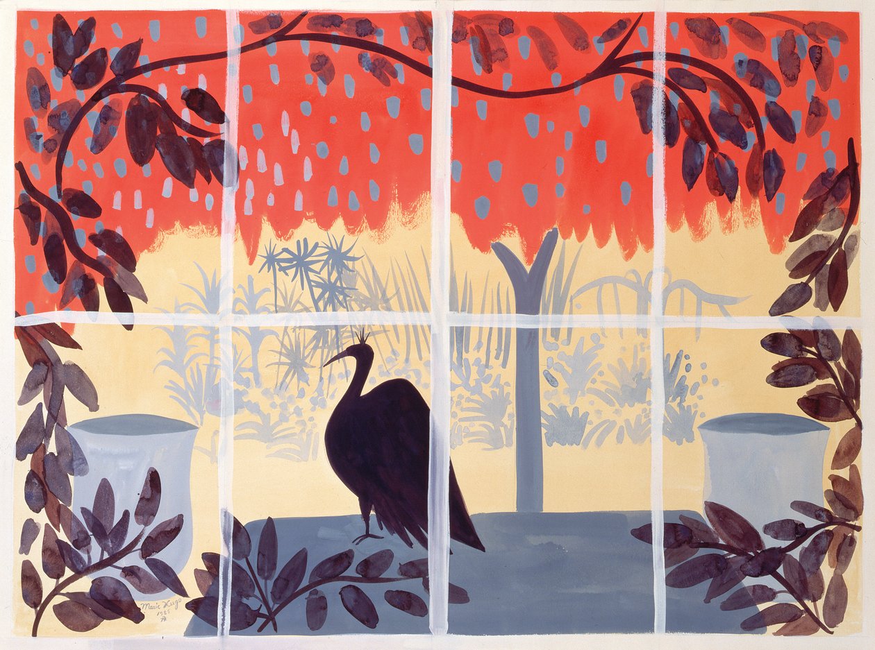 孔雀在桌子上，1985年 作者 玛丽·雨果
