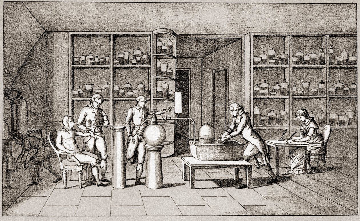 安托万-洛朗-德-拉瓦锡（Antoine Laurent de Lavoisier，1743-1794），法国化学家，正在进行一项关于人在休息时的呼吸的实验。拉瓦锡夫人的绘图。巴黎，18世纪。Leemage收藏 作者 玛丽·安妮·皮埃尔特·拉瓦锡