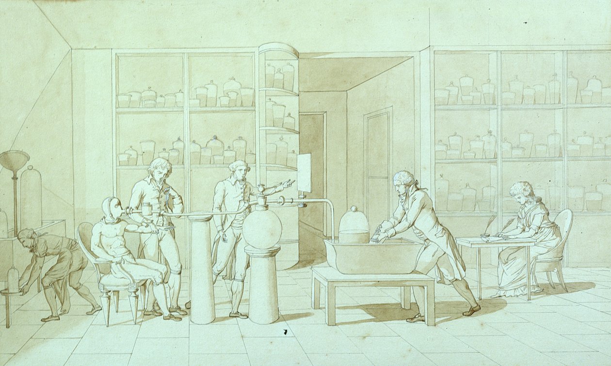Antoine Lavoisier（1743-94）和他的呼吸实验（笔墨和棕褐色纸上洗） 作者 玛丽·安妮·皮埃尔特·拉瓦锡