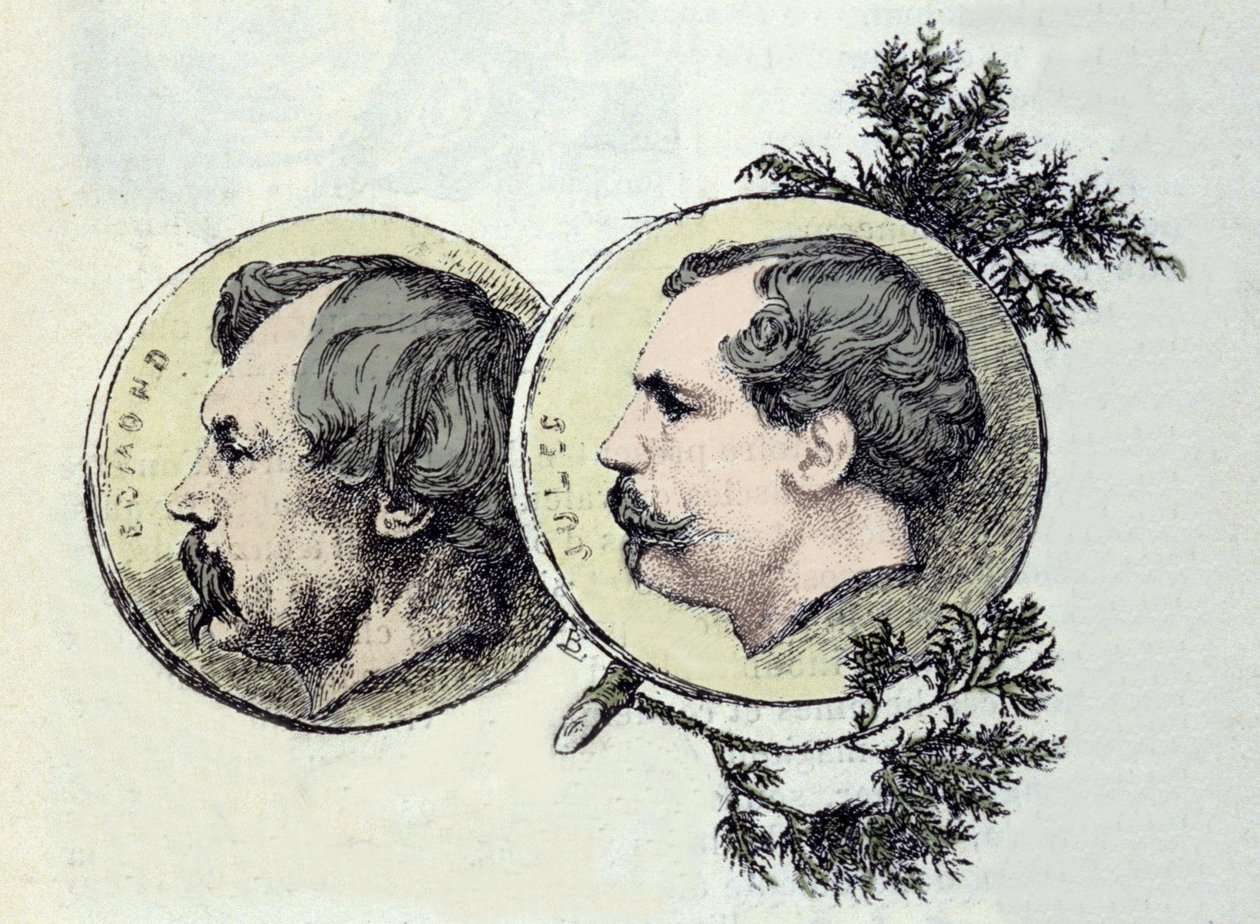 Edmond Goncourt (1822-1896) 和 Jules Goncourt (1830-1870) 兄弟作家的肖像。 玛丽·巴克蒙德 (Marie Bacquemond) 的蚀刻 (1841-1916) 作者 玛丽·布拉克蒙德
