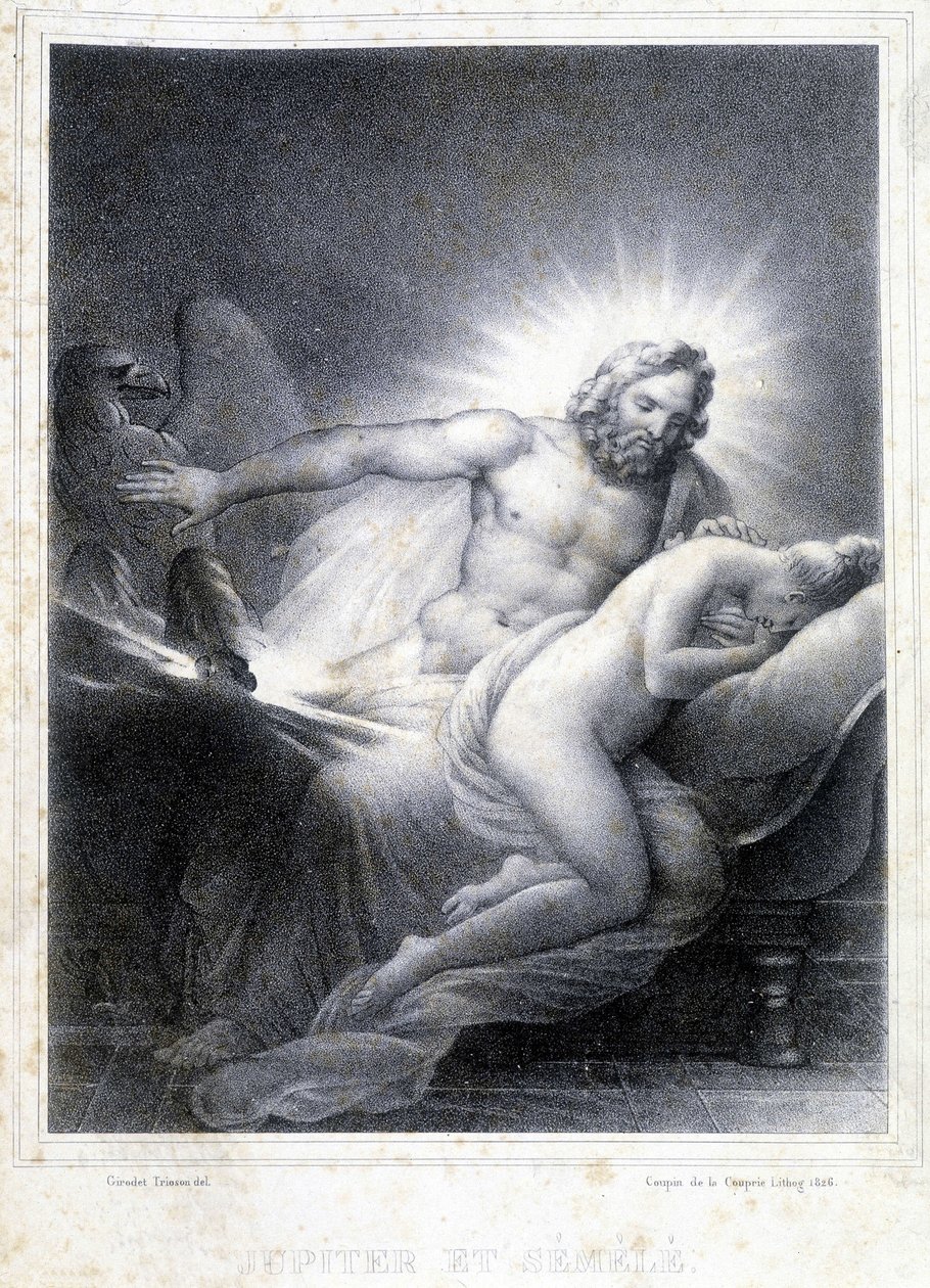 朱庇特和塞梅莱。石版画，由Coupin de Couprie于1826年创作。 作者 玛丽·菲利普·库潘·库珀林