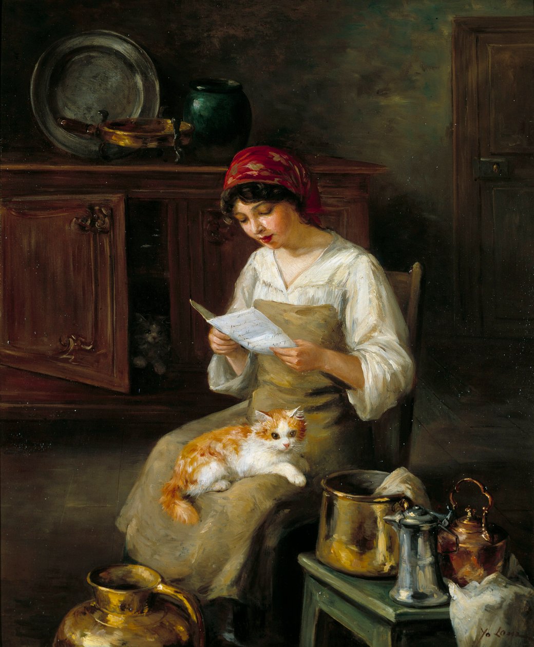 年轻女子读一封信。 玛丽·伊冯·劳尔·迪特·约 (Marie-Yvonne Laur Dite Yo) 的绘画（1879-1943） 作者 玛丽·伊冯娜·约劳尔