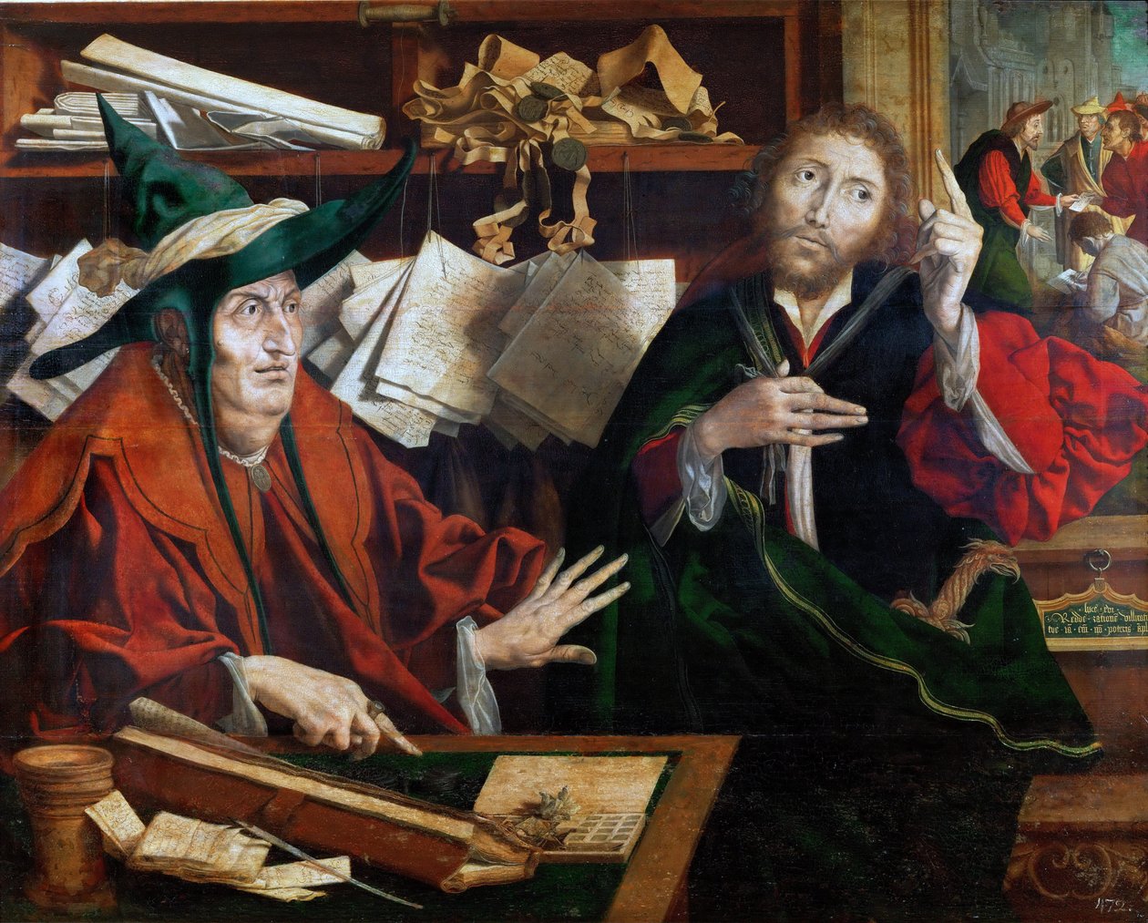 La parabole du gerant malhonnete - 不公正的管家的寓言，由Reymerswaele, Marinus Claesz, van（约1490-1567年后）创作。木板上的油彩，约1540年。尺寸：77x96.5厘米。艺术历史博物馆，维埃纳 作者 Marinus van Reymerswaele