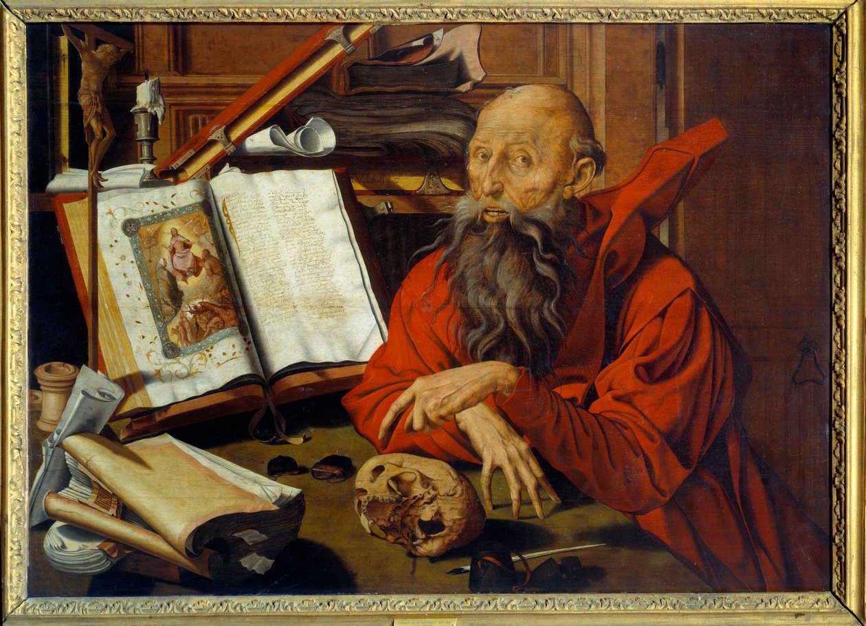 Saint Jerome Meditant - 绘画 (Vanita) by Marinus Claeszoon van Reymerswaele (1493 - 1567) Ec。 霍尔。 作者 Marinus van Reymerswaele