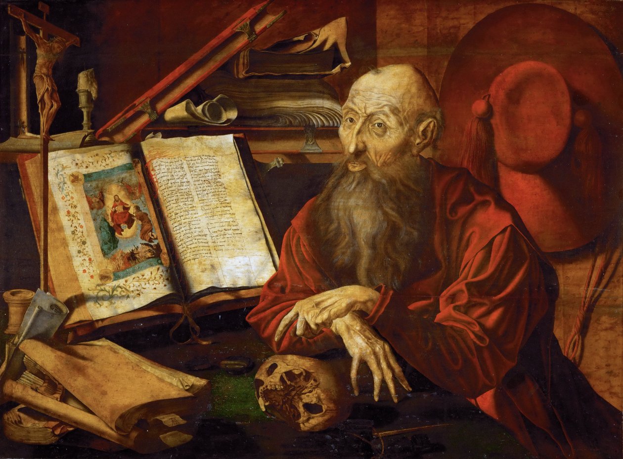 Saint Jerome dans sa cellule - Saint Jerome in his Cell, by Reymerswaele, Marinus Claesz, van (ca. 1490-after 1567). 木头油彩，约 1545 年。尺寸：80x108 厘米。 维也纳艺术史博物馆 作者 Marinus van Reymerswaele