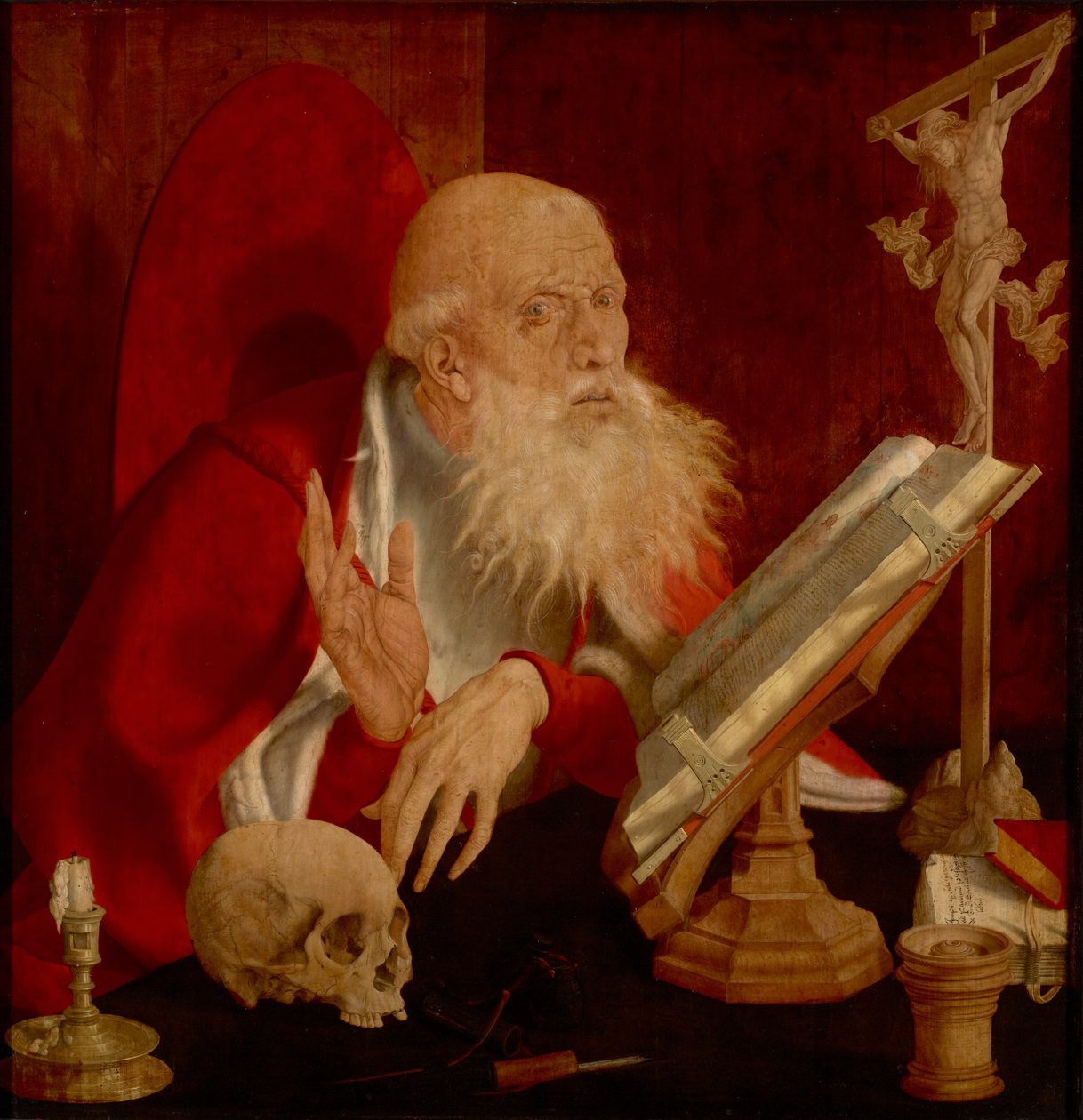 Saint Jerome dans sa cellule - 《牢房中的圣杰罗姆》，马里努斯-克莱斯-雷默斯韦尔（Reymerswaele, Marinus Claesz, van，约 1490 年-1567 年后）作品。木板油画，约 1545 年。尺寸：84.3x82.5 厘米。布鲁肯塔尔国家博物馆，锡比乌 作者 Marinus van Reymerswaele