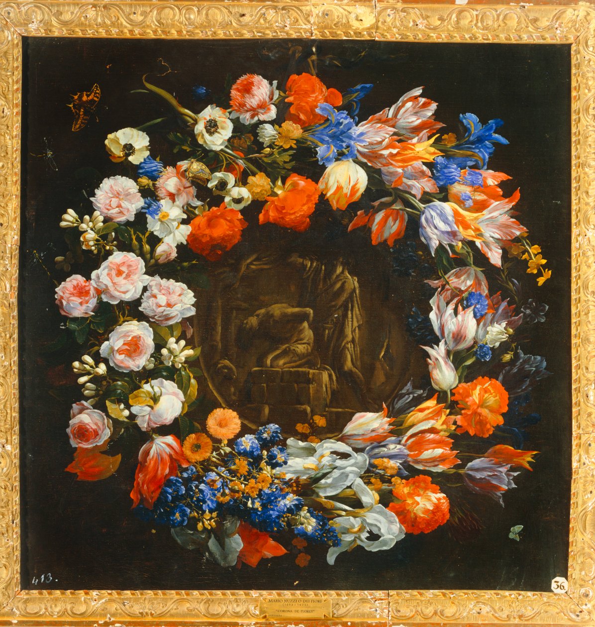 鲜花组成的花环，中间是以撒的献祭图案 作者 马里奥（努齐的追随者）