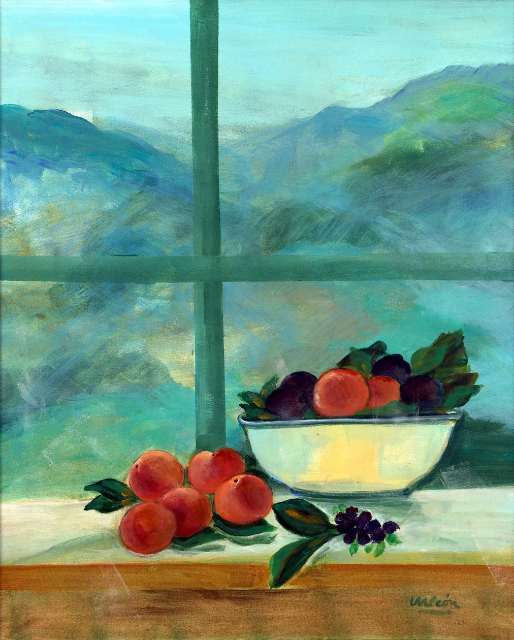 室内装饰有窗户和水果（油画布上的丙烯酸） 作者 玛丽莎·利昂（Marisa Leon）