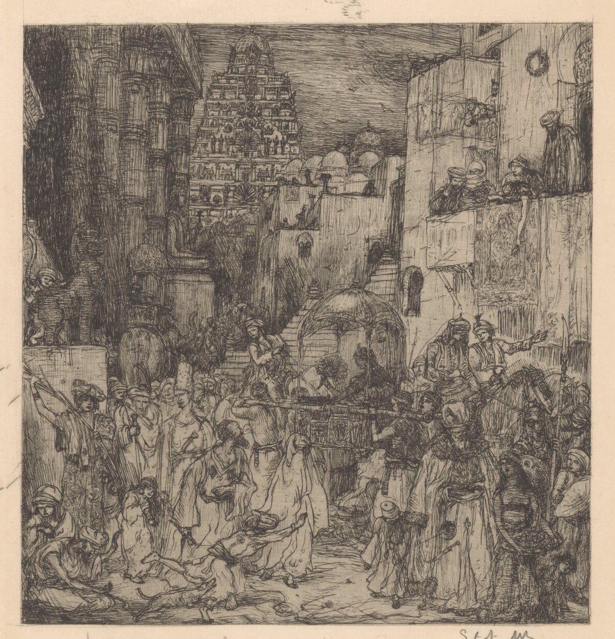 人群在街道上欢呼雀跃 作者 Marius Bauer（艺术家签名）