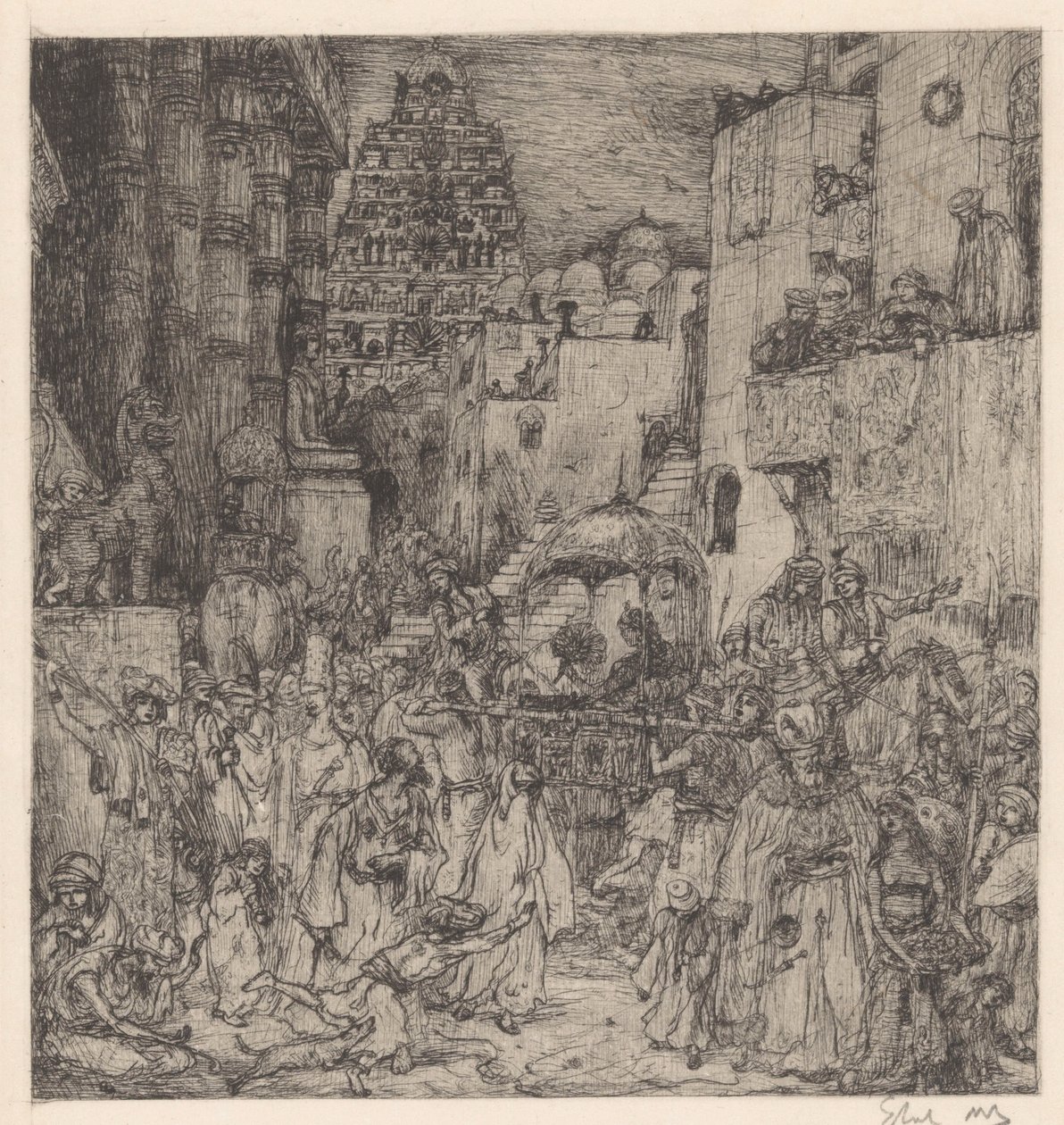 人群在街道上欢呼雀跃 作者 Marius Bauer（艺术家签名）