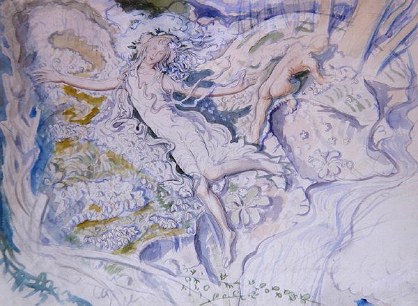 仙女漂浮，背景是裸体青年（纸上水彩）。 作者 马克·兰斯洛特·西蒙斯