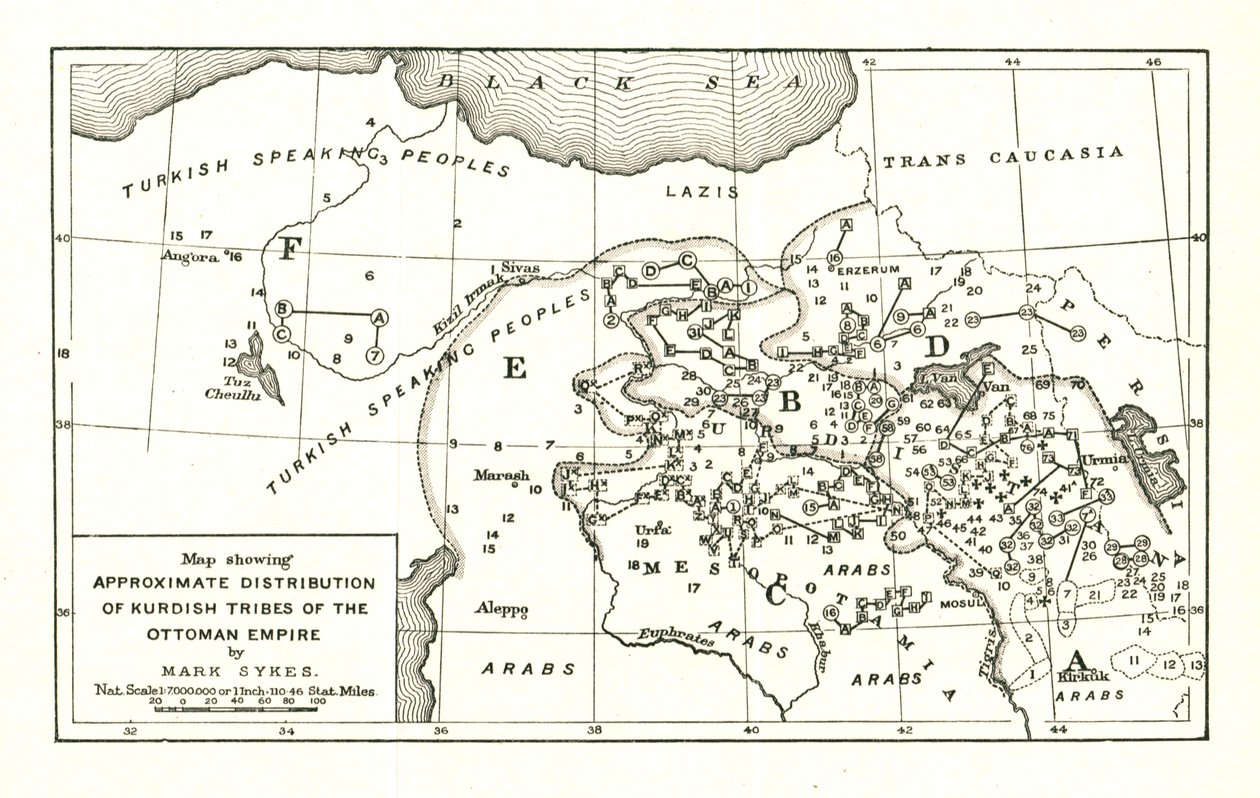 显示奥斯曼帝国库尔德部落大致分布的地图》，约1915年。 作者 马克赛克斯