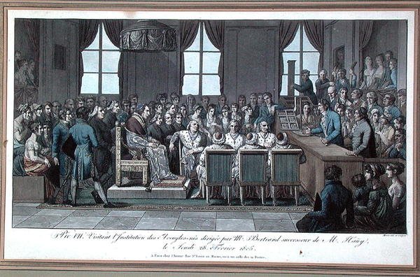 教皇皮乌斯七世参观巴黎的盲人机构，该机构由瓦伦丁-豪伊（1745-1822）的继任者贝特朗先生领导，1805年2月28日（彩色版画）。 作者 Marle Marle