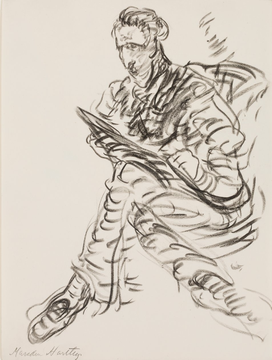 作为绘图员的自画像，c.1908（纸上的平版蜡笔） 作者 马斯登·哈特利