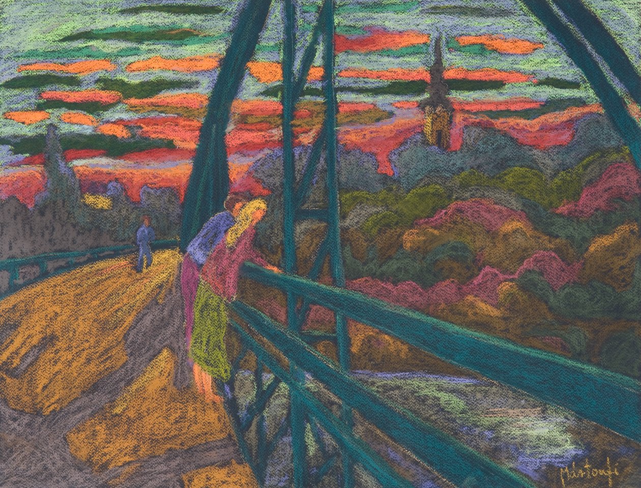 在桥上，2009年（纸上粉彩） 作者 玛塔·马顿菲·本克